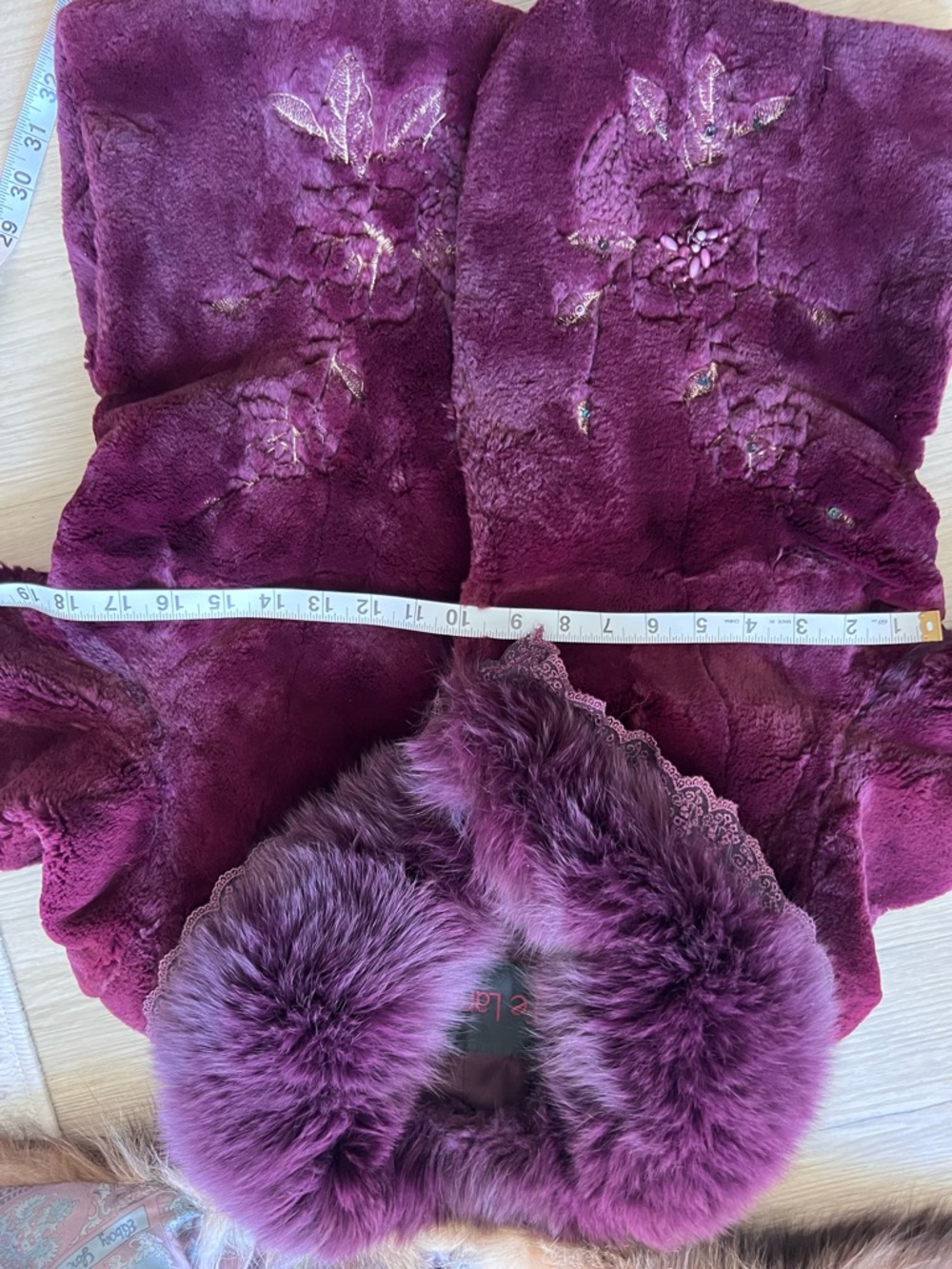 Vintage Purple Real Rabbit Fur Jacket w Fox Collar & Rose Belt Embroidered M - Picture 13 of 14